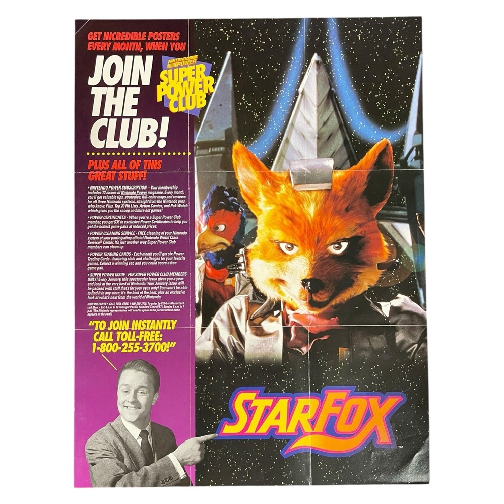 Star Fox Nintendo‎ Power Super Power Club Poster 1993 SNES Promo Insert Folded